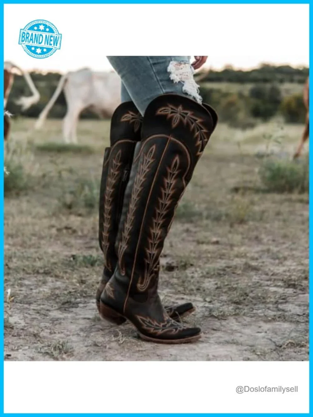 Over the Knee Embroidery Cowboy Boots Chunky Heel Side Zipper PU Leather Thigh